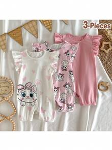 Loomiva 3pcs Baby Girl Cartoon Animal Print Soft Knit Ruffle Collar Sleeveless Romper & Shorts Set - Pink - View 6
