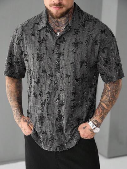 SLATEMANN Camisa gris de manga corta con botones de moda para hombre