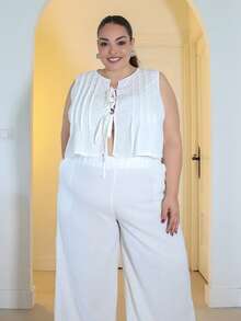 Pretty and Ole Plus Size Women's Boho Beach Music Festival Tropical Vacation Outfit, Casual Sleeveless Ruffle Tie Blouse And Straight Pocket Pants Set, Suitable For Spring/Summer Daily Wear - White - View 4