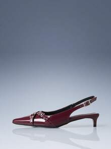 CUCCOO GRLICON 酒红色漆皮尖头金属双扣猫跟女鞋，鞋面为空。 - 酒紅色 - 查看 2