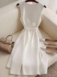 GlowEve Women's Sleeveless Waist Cinched Viscose Dress, Ladies' Elegant Minimalist Mid-Length Dress, Suitable For Daily Outings, Dates, Thanksgiving, Graduation, Outings And Other Occasions - White - View 2