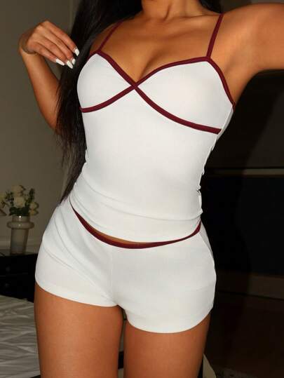 Women's Fashion Contrast Trim Camisole And Shorts Pajama Set, Summer