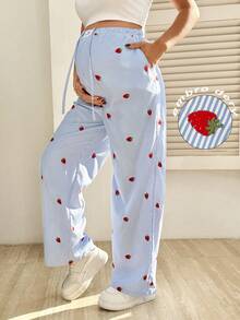 SHEIN Maternity Striped & Strawberry Print Elastic Waist Casual Pants - Red - View 1