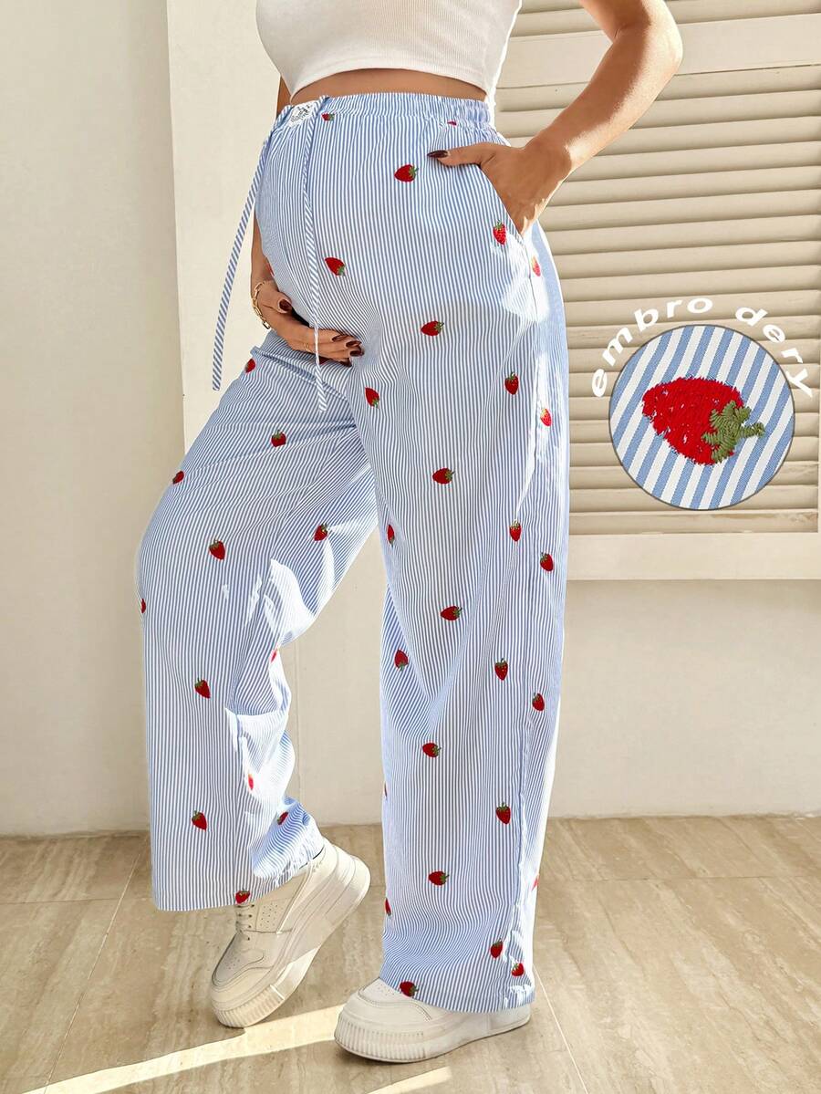 SHEIN Maternity Striped & Strawberry Print Elastic Waist Casual Pants - Red - View 1