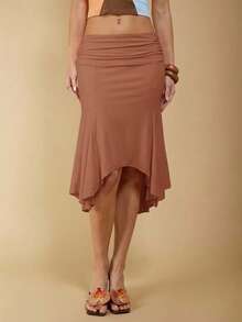 COSMINA Women's Elegant Asymmetrical Ruched Brown Skirt, Suitable For Spring And Summer - Brown - View 7