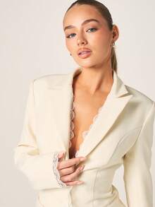 MISSGUIDED Elegant Lace Trim Blazer With Button Closure And Tailored Lapels For Office Business Professional Formal Fall Winter Spring Workwear - Apricot - View 5