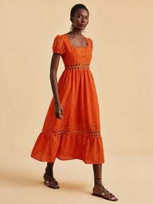 Travachic 镂空刺绣浪漫度假休闲连衣裙，波西米亚风，西式，夏季连衣裙，夏季服装，女士夏季连衣裙，女士优雅连衣裙，女士度假服装，节日连衣裙，女士复活节连衣裙，婚礼及活动 - 橘色 - 查看 6