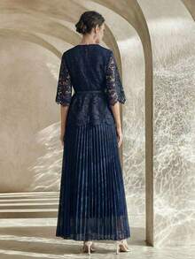 Anewsta Navy Blue New Arrival Embroidered Lace Fabric Mid-Sleeve Flare Sleeve Cinched Waist Waist Pleated Maxi Elegant Dress For Women, Spring/Summer - Navy Blue - View 2