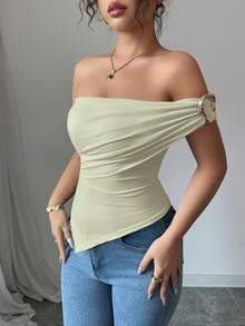 Rafferiza 女士夏季不对称下摆装饰肩部衬衫，优雅修身款上衣 - 薄荷綠 - 查看 6