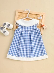 SHEIN Playful Pals 女婴夏季梭织连衣裙，蓝白格子公主裙，可爱小鸭刺绣无袖中长连衣裙，适合休闲、户外、派对等场合 - 藍色 - 查看 2