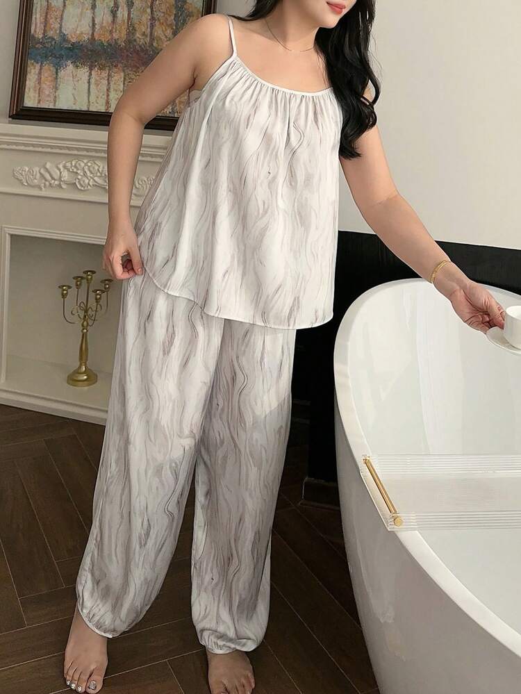 Dazy Plus 2pcs Plus Size Women Loose Fit Floral Print Camisole Top And Long Pants Chiffon Pajama Set, Spring/Summer