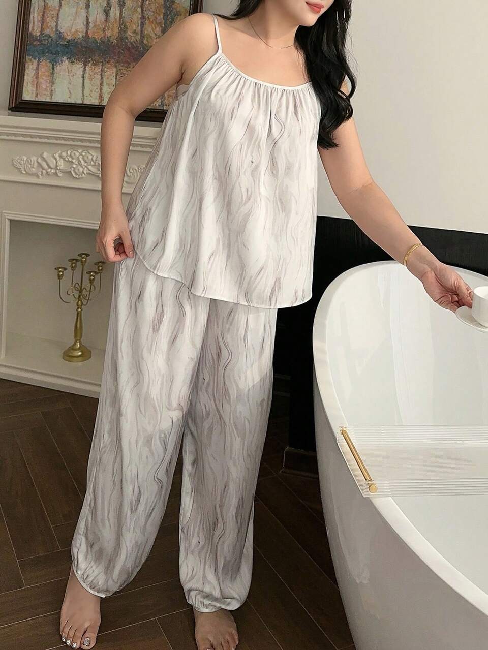 Dazy Plus 2pcs Plus Size Women Loose Fit Floral Print Camisole Top And Long Pants Chiffon Pajama Set, Spring/Summer