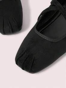 CUCCOO DOLLMOD Women's Shoes Black Square Toe Characteristic Pleated Suede Cross Strap Mary Jane Low Vamp Ballet Flats - Black - View 5