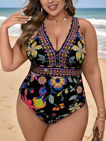 Swim Lushoire Plus Size Women One-Piece Swimsuit, All-Over Digital Print, Wide Strap, Beach Party Swimwear Plus Size Bathing Suits One Piece Bathing Suit Floral Print Swimsuit Plus Size One Piece Swimsuit Full Coverage Swimsuit