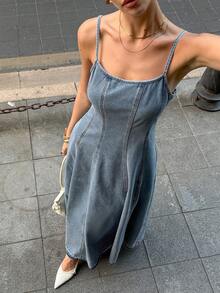 Siren Gaze Đầm denim nữ không tay, thắt eo, kiểu dáng thường ngày, thích hợp cho mùa hè. - Rửa nhẹ - Xem 2