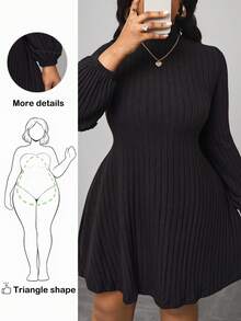 Truni Plus Size Solid Color Stand Collar Long Sleeve Minimalist Short Casual Dress, For Pear Triangle Body Shape - Black - View 1
