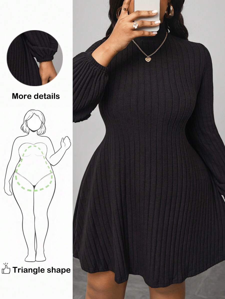 Truni Plus Size Solid Color Stand Collar Long Sleeve Minimalist Short Casual Dress, For Pear Triangle Body Shape - Black - View 1