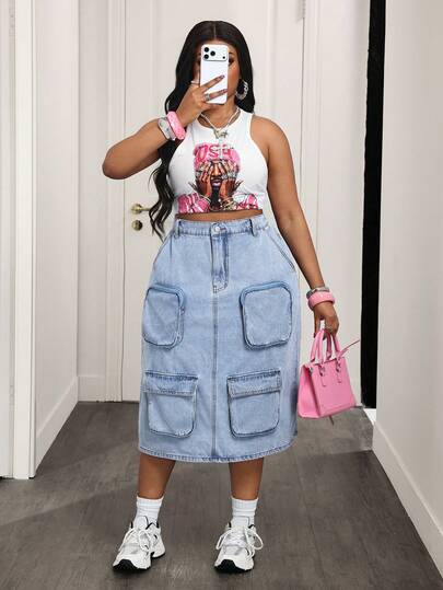 Slaydiva Plus Size Summer Casual Multi-Pocket Denim Skirt