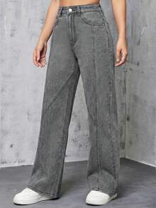 SHEIN EZwear 休闲水洗高腰直筒牛仔裤 - 淺灰色 - 查看 5