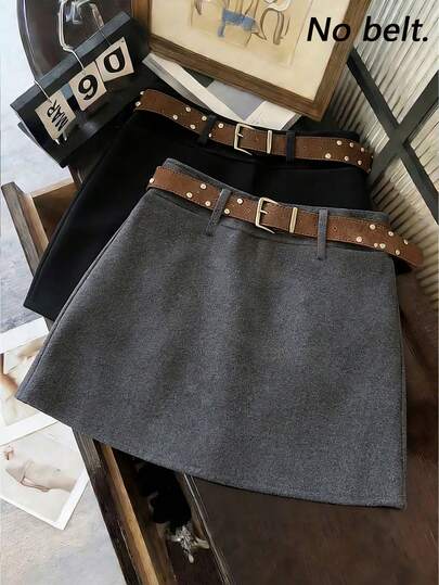 Franclia Women's Semi-Sheath Skirt, Women's Gray Office Wear Semi-Skirt, Women's Skirt With Belt Loops, Gray Solid Woolen Fabric Semi-Skirt, Short Skirt, Women's Summer, Spring, Autumn Style Dress Skirt, Casual And Elegant New Simple And Stylish Dress Skirt, Women's Skirt, Suitable For Work, Daily Office Wear, Casual, Evening Wear, Parties, Dates. (No Belt)