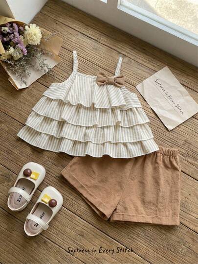 Cozy Pixies 2pcs Baby Girl Vacation Striped Ruffle Layered Camisole Top And Elastic Waist Shorts Set