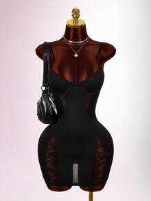 Amplova Valentine's Day Black Asymmetrical Cut-Out Sheer Lace Sexy Plunging Neck Mini Dress For Women - Black - View 5