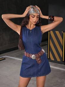 Jeanoix Women's Round Neck Sleeveless Fitted Casual Denim Dress - Dark Wash - View 7
