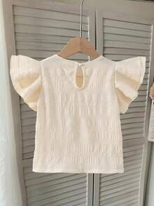 Souflis Souflis Young Girl Fashion Elegant 3D Floral Decor Solid Color Round Neck Ruffle Hem Loose Casual Blouse, Girls Flower Top - Apricot - View 2