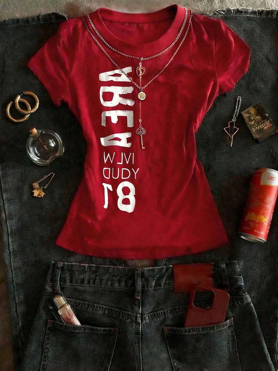 SHEIN Y2K复古字母图案舒适多彩圆领休闲街头风女式上衣，适合日常街头穿着 - 紅色 - 查看 1