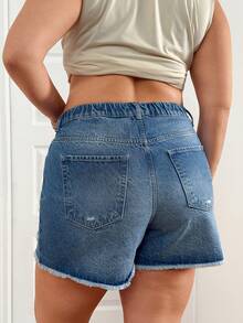 SHEIN Große Größen Sommer Lässig washed Destroyed Denim-Shorts - Mittele Waschung - Übersicht 2