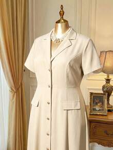 Rometta 大码女式时尚优雅翻领收腰单排扣短袖连衣裙，适合夏季通勤 - 杏色 - 查看 3