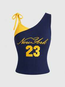 Rina Fox Women's Asymmetric Neck Letter Print Sleeveless Cropped Top - Royal Blue - View 1