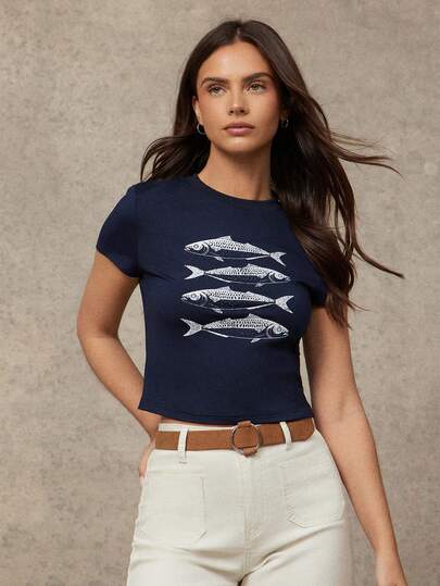 WESTFADE Fish Graphic Print Shrunken Short Sleeve Baby T-Shirt