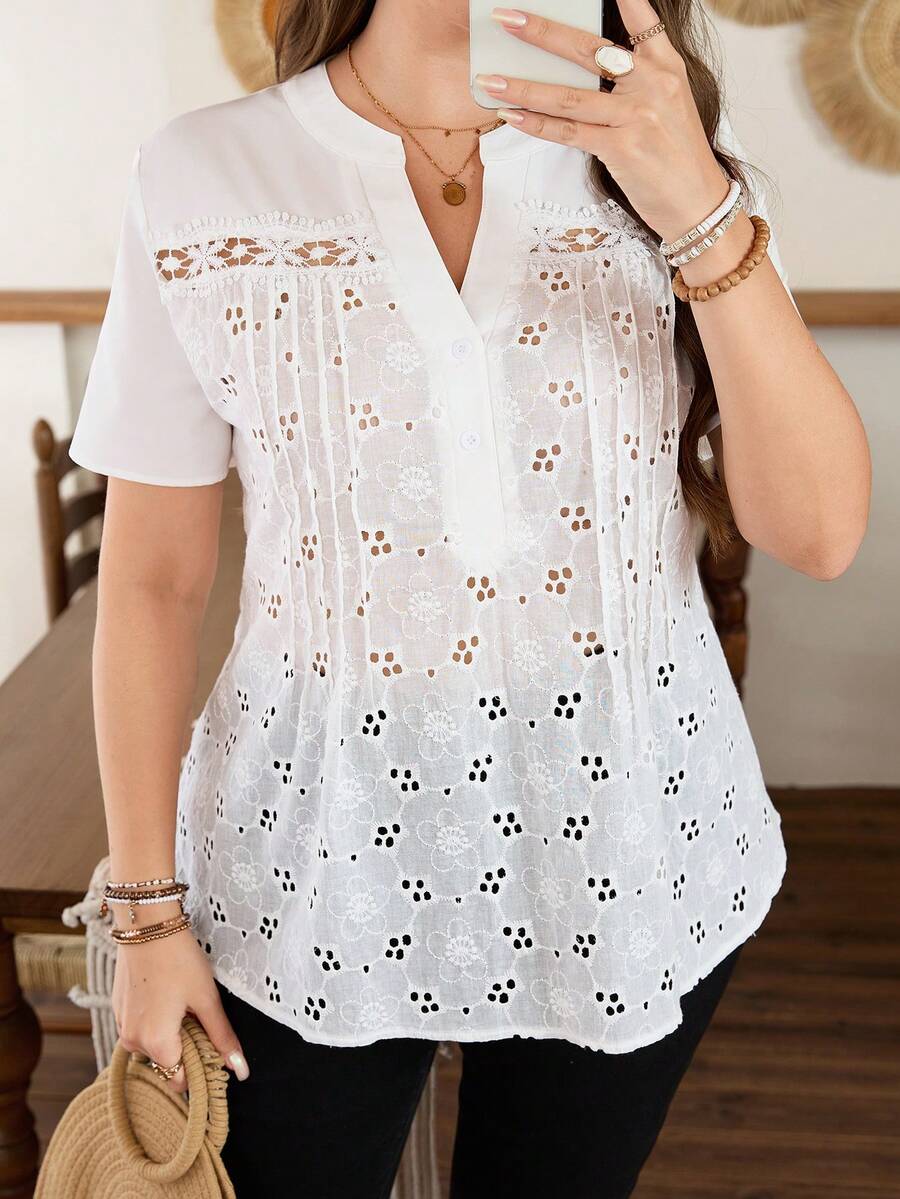 Lacomfia Chemise décontractée pour femmes grandes tailles, manches courtes, couleur unie, jacquard, patchwork - Blanc - Voir 1