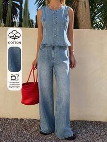 Livesso 春夏宽松休闲度假风蓝色圆领背心和阔腿牛仔裤 Old Money 女士牛仔套装 - 藍色 - 查看 1