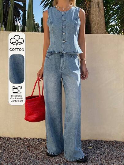 Livesso 春夏宽松休闲度假风蓝色圆领背心和阔腿牛仔裤 Old Money 女士牛仔套装
