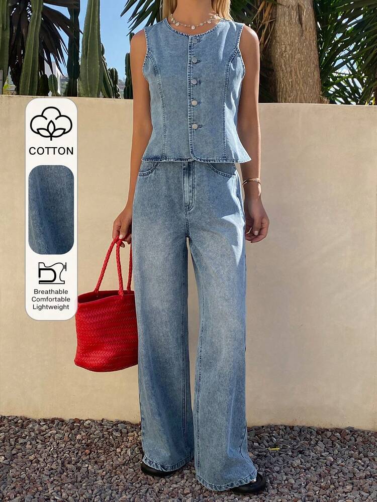 Livesso 春夏宽松休闲度假风蓝色圆领背心和阔腿牛仔裤 Old Money 女士牛仔套装 - 藍色 - 查看 1