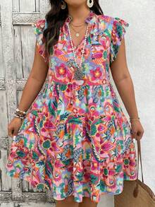 Linhara Colorful Print Ruffle V-Neck Loose Dress - Multicolor - View 3