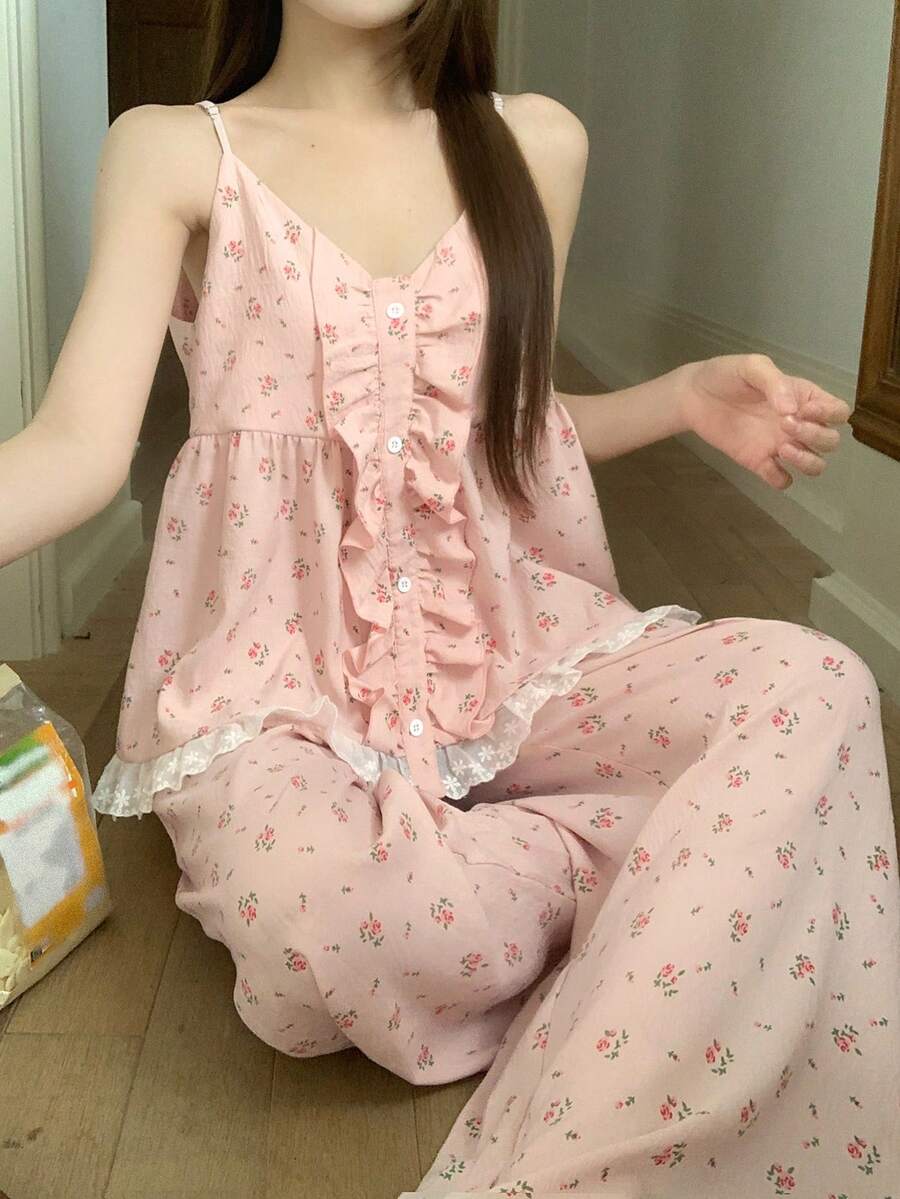 DAZY 2件套女士碎花蕾丝拼接无袖吊带背心和宽松直筒裤睡衣套装，夏季 - 粉色 - 查看 1