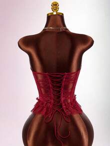 Amplova Women's Lace Top With Sexy Waist Sheer Panel, Built-In Padded Bra And Shapewear, Suitable For Valentine's Day, Dates, New Year Sexy Red Top - Burgundy - View 2