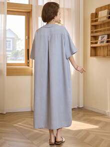 Livesso 女士不对称领口宽松中长连衣裙 - 藍色 - 查看 6