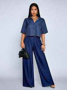 SOLERSUN Áo nữ tay ngắn, cài cúc đơn, màu trơn, chất liệu giả denim, có tay áo loe, phù hợp để mặc đi làm hoặc đi nghỉ mát. - Màu xanh hải quân - Xem 4