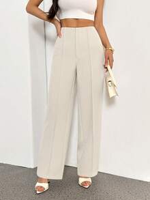 SHEIN PETITE 夏季女士浅米色西装裤，通勤及优雅约会工作裤，商务休闲女装 - 白色 - 查看 1