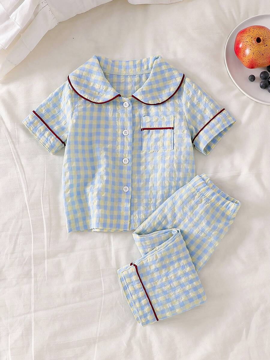 SHEIN 2件組女嬰淺藍色與白色居家服套裝,可愛夏季度假格紋翻領短袖上衣&長褲,透氣女嬰睡衣 - 綠色 - 查看 1