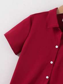 SHEIN Vår/Sommar Lös Avslappnad Texturerad Tyg Nedfällbar Krage Öppen Fram Äkta Fickdesign Pojkskjorta - Röd - Visa 4