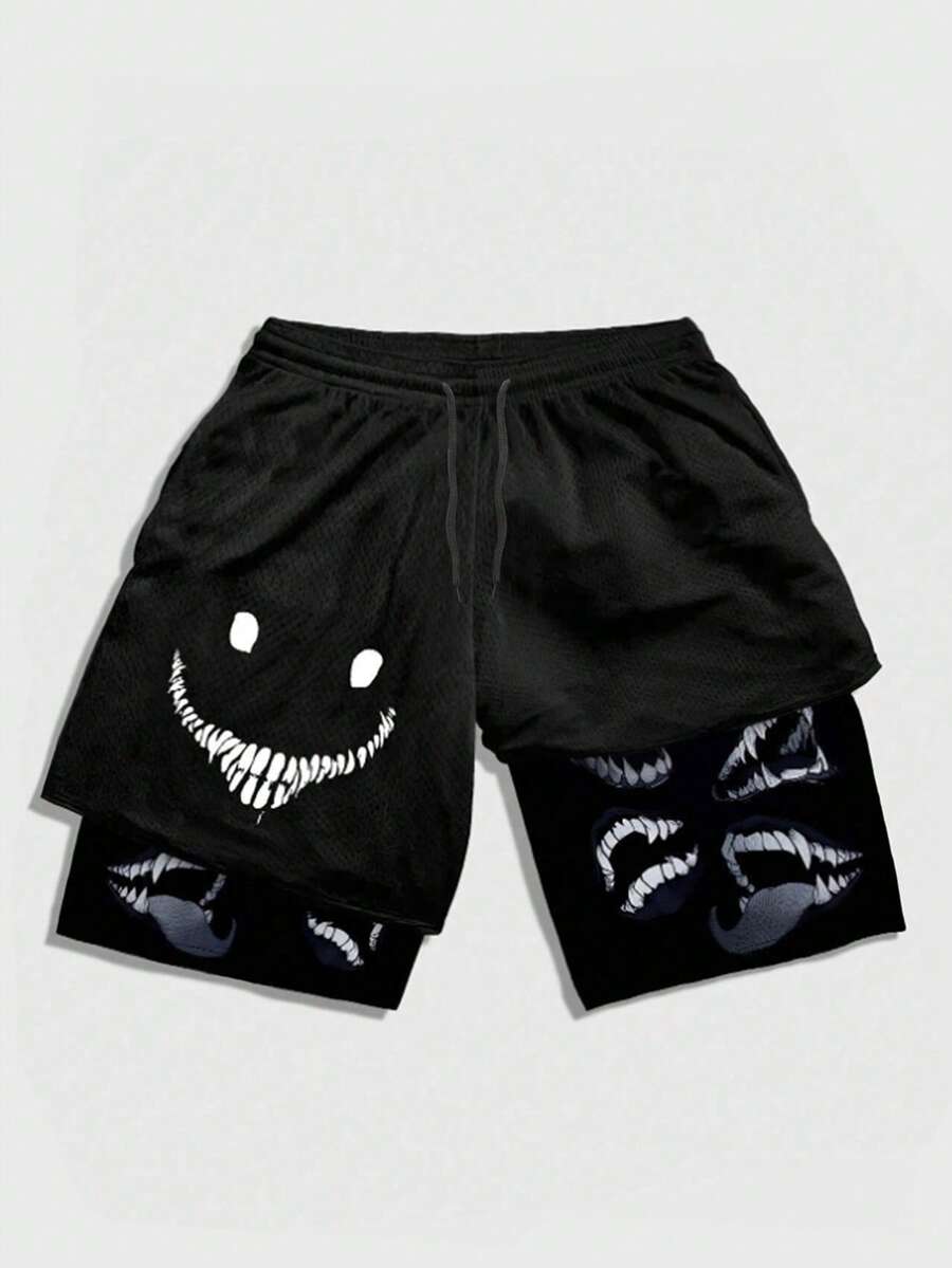ROMWE MEN Street Life Teens Boys' Drawstring Waist Smiling Face Print Casual Versatile Daily Wear Shorts - Black - View 1