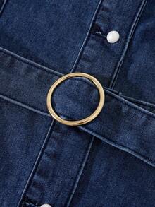 GlowEve Women's Square Neck Short Sleeve Pleated Front Button Casual Denim Dress - Blue - View 4