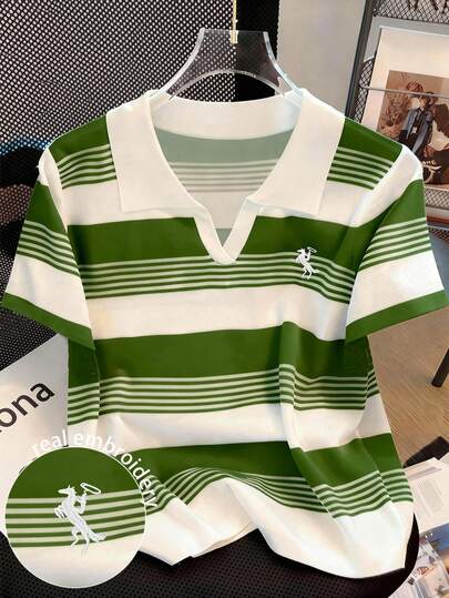 Resyla Striped Digital Print, Embroidered Minimalist Style Women's Polo Shirt, Gift For Friends