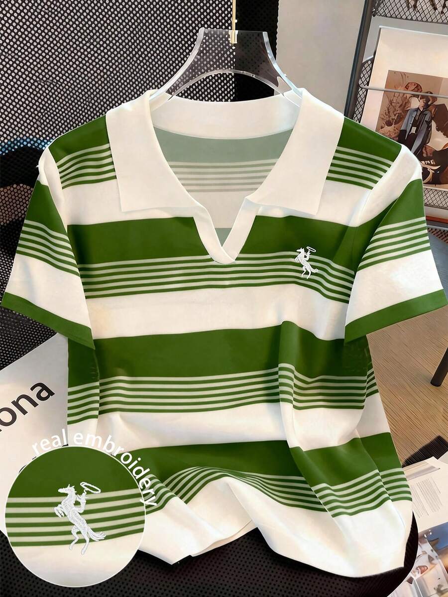 Resyla Striped Digital Print, Embroidered Minimalist Style Women's Polo Shirt, Gift For Friends - Multicolor - View 1