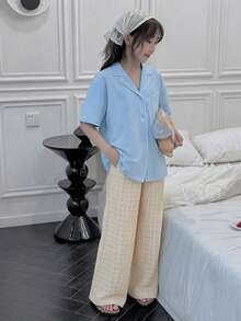 DAZY 少女修身短袖纽扣上衣和格子裤睡衣套装 - 藍色 - 查看 5